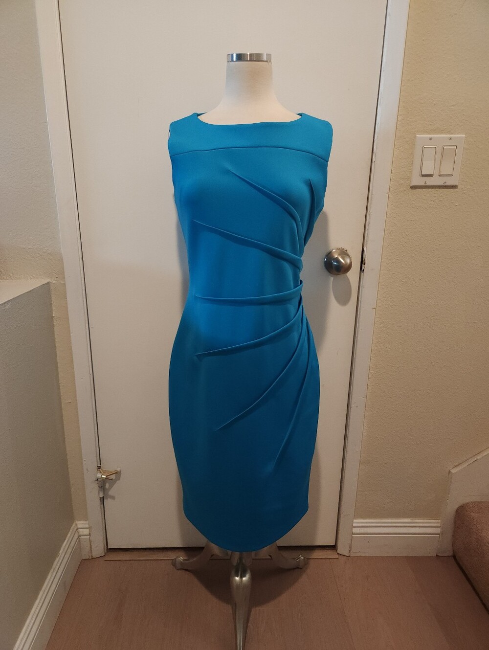 Calvin Klein Turquoise Sheath Dress with Sculpted Draping